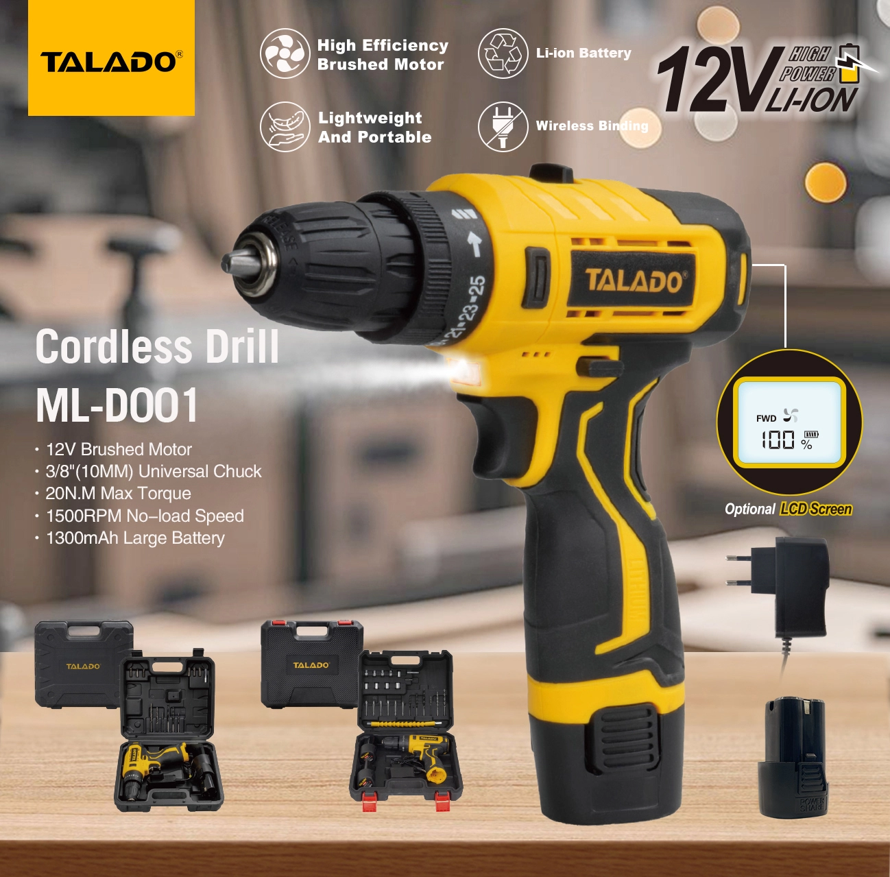 Bor Tanpa Kabel Torsi Tinggi Kecepatan Ganda 12V dengan Layar Digital Opsional untuk Pekerjaan Renovasi Rumah Tangga DIY