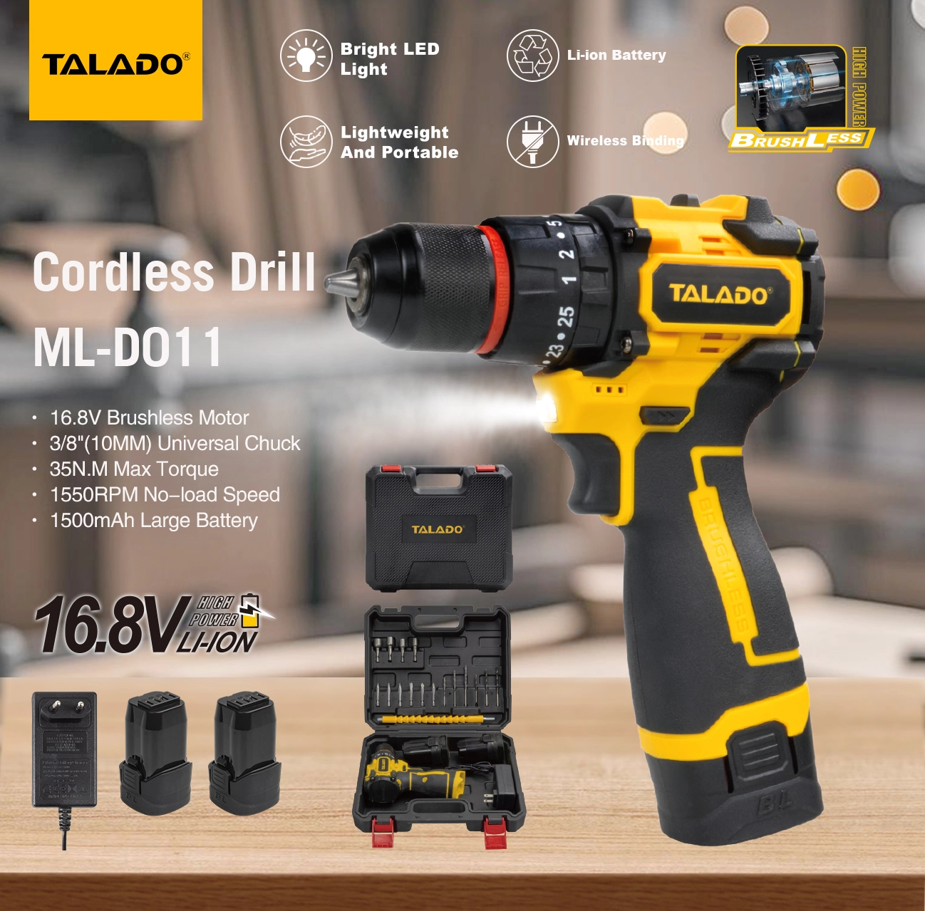 Bor Tanpa Kabel Tanpa Sikat 16.8V, Bor Genggam Torsi Tinggi 35N.M untuk Renovasi Rumah DIY