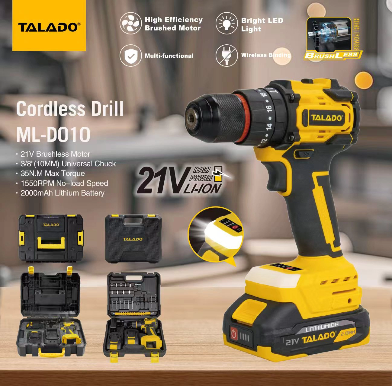 Bor Listrik Tanpa Kabel Tanpa Sikat 21V 35N.M Bor Daya Baterai Dapat Dipertukarkan Torsi Tinggi untuk Perbaikan &amp; Renovasi Sehari-hari