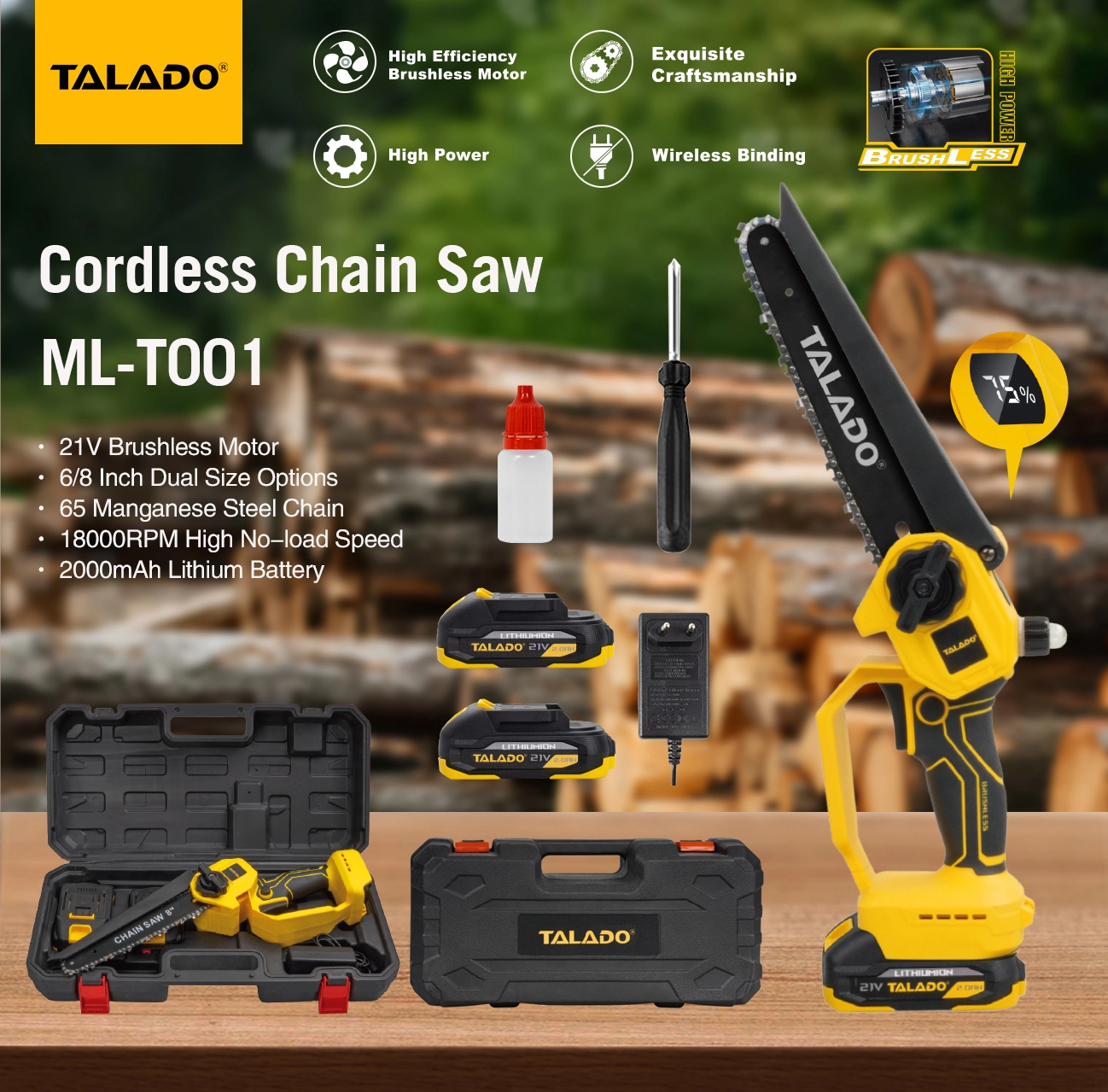 Gergaji Rantai Tanpa Kabel 21V ML-T001 untuk Tugas Pemotongan Luar Ruangan Portabel